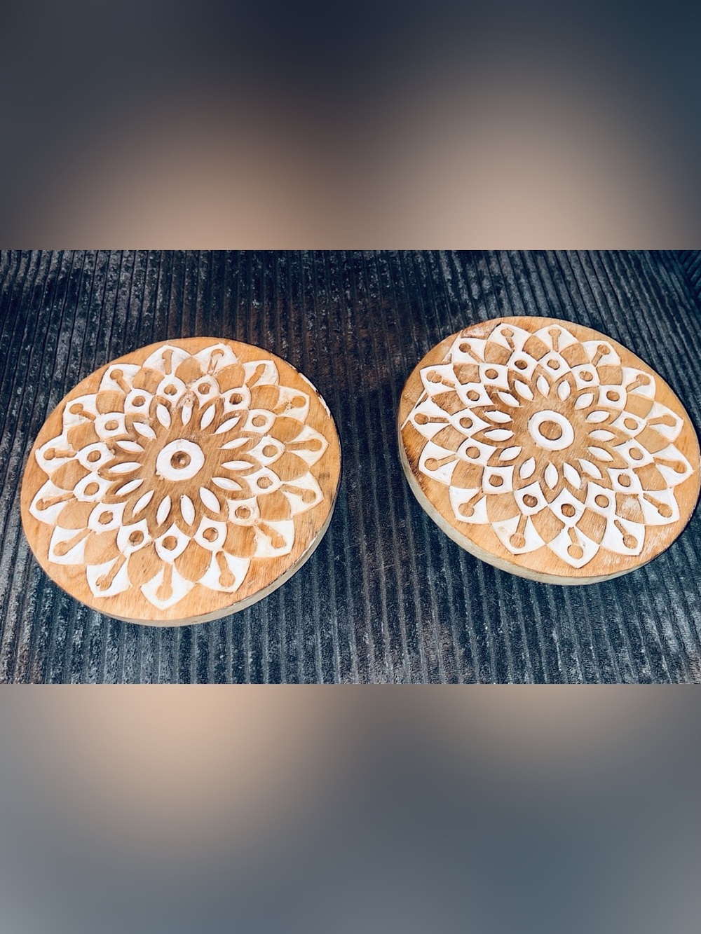 Handcarved Wooden Flower holders with White Inlay - Set of 2